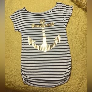 Free Kisses Med Navy & White Striped Top w Gold Metallic ANCHOR Nautical Shirt